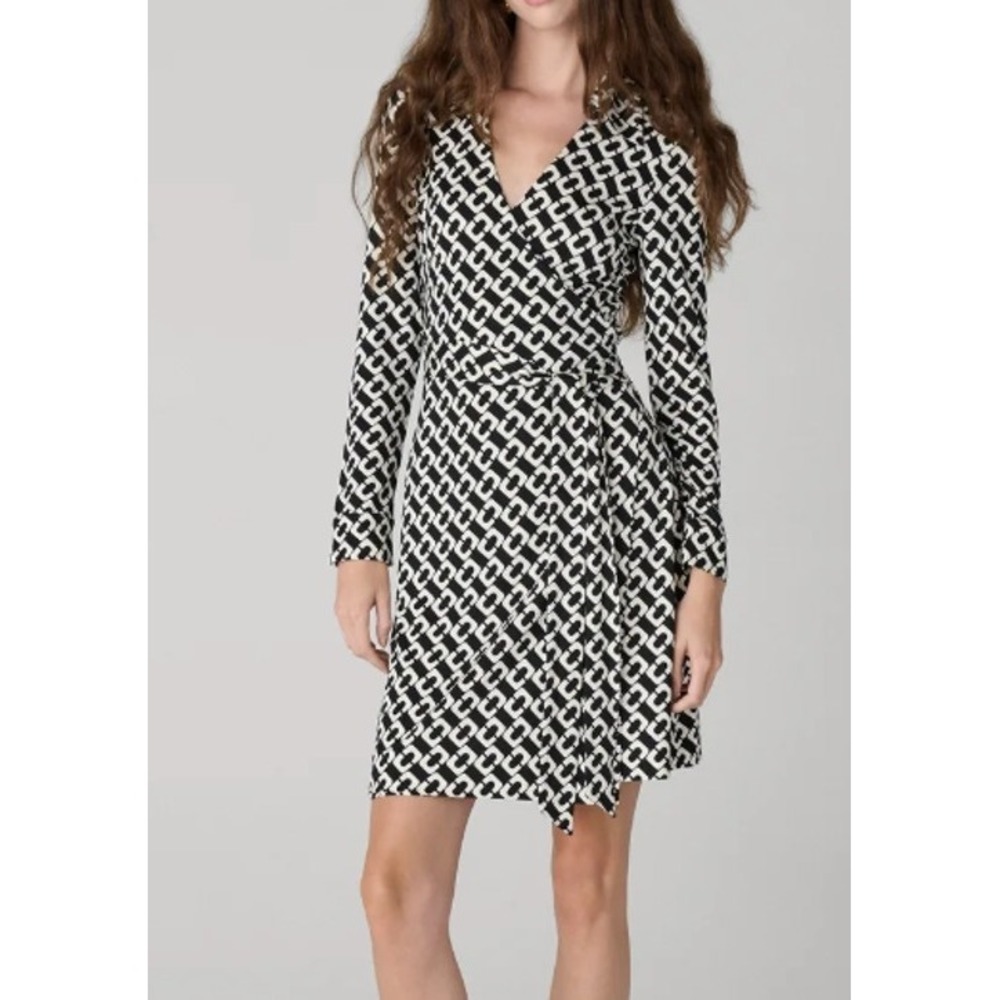 Diane von Furstenberg New Jeanne Silk Jersey Wrap Dress Chain Link Black White 6